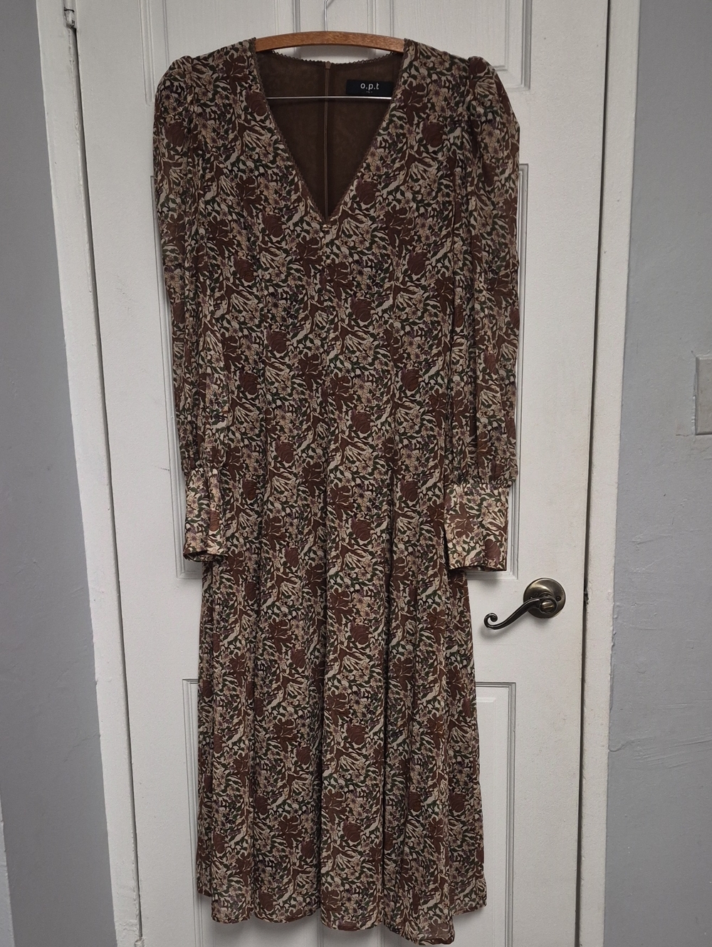 O.P.I. Brown Floral V-Neck Long Sleeve Midi Dress